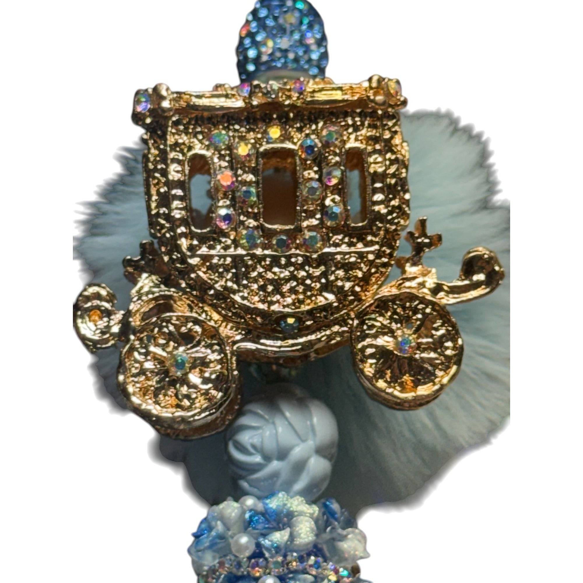 Blue Carriage Pom Pom Beaded Pen Cinderella Style Glitter Cute Novelty Stationery