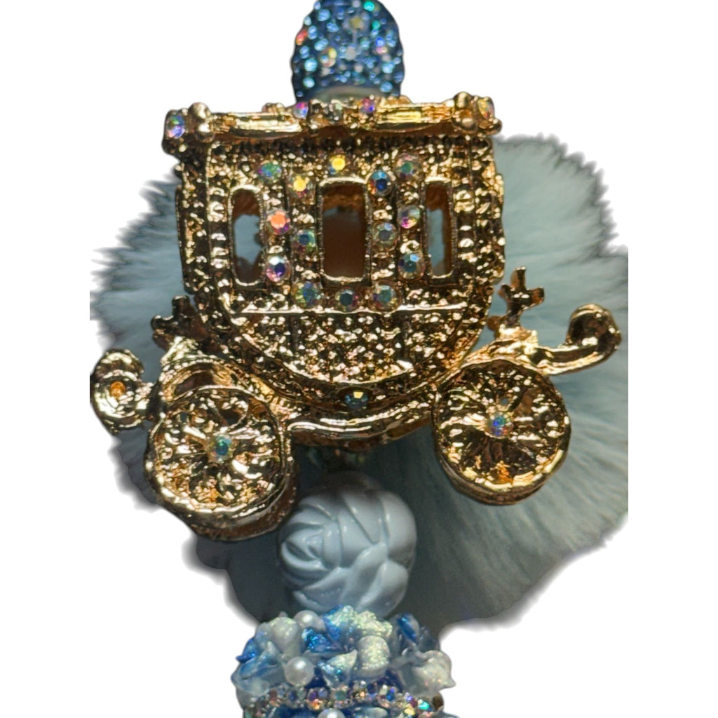 Blue Carriage Pom Pom Beaded Pen Cinderella Style Glitter Cute Novelty Stationery