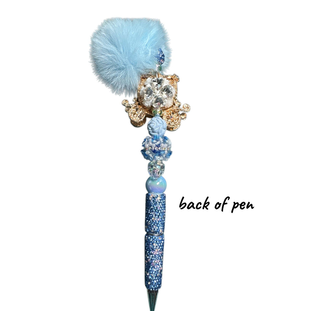 Blue Carriage Pom Pom Beaded Pen Cinderella Style Glitter Cute Novelty Stationery