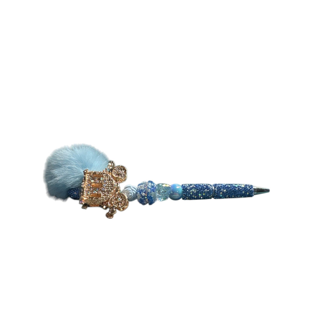 Blue Carriage Pom Pom Beaded Pen Cinderella Style Glitter Cute Novelty Stationery