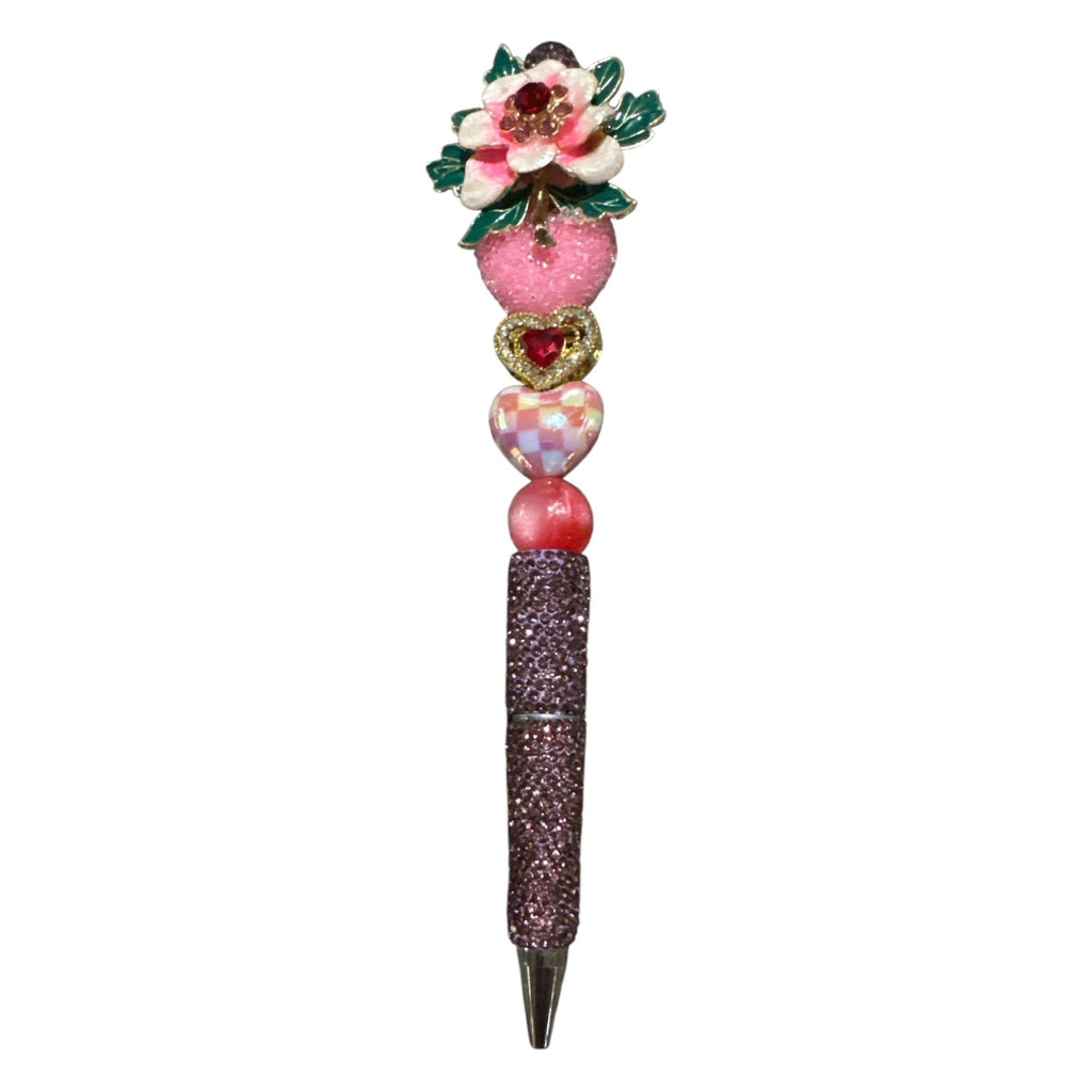 Floral Enamel Decorative Ballpoint Pen With Glitter Handle & Heart Accents Pink & Green Design