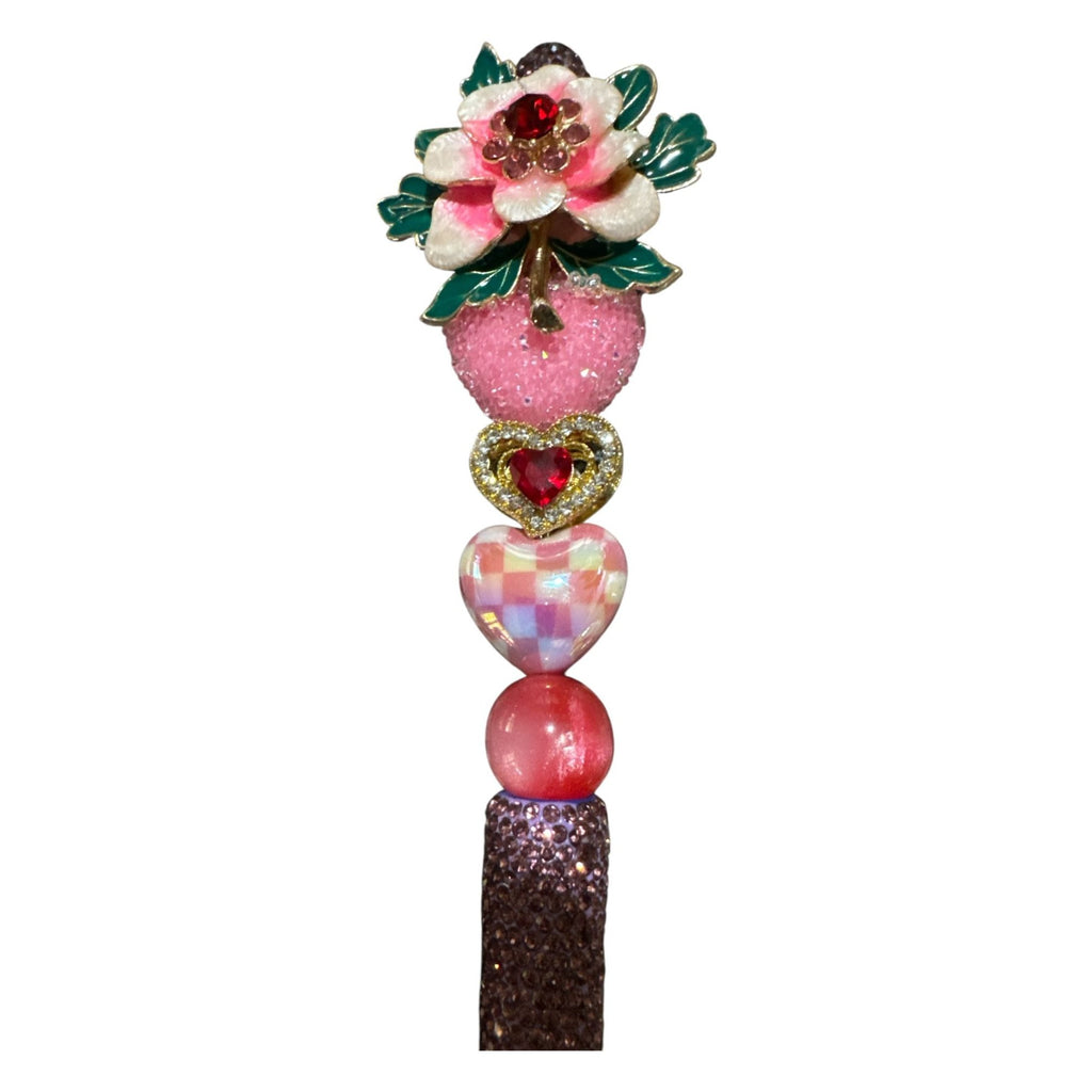Floral Enamel Decorative Ballpoint Pen With Glitter Handle & Heart Accents Pink & Green Design