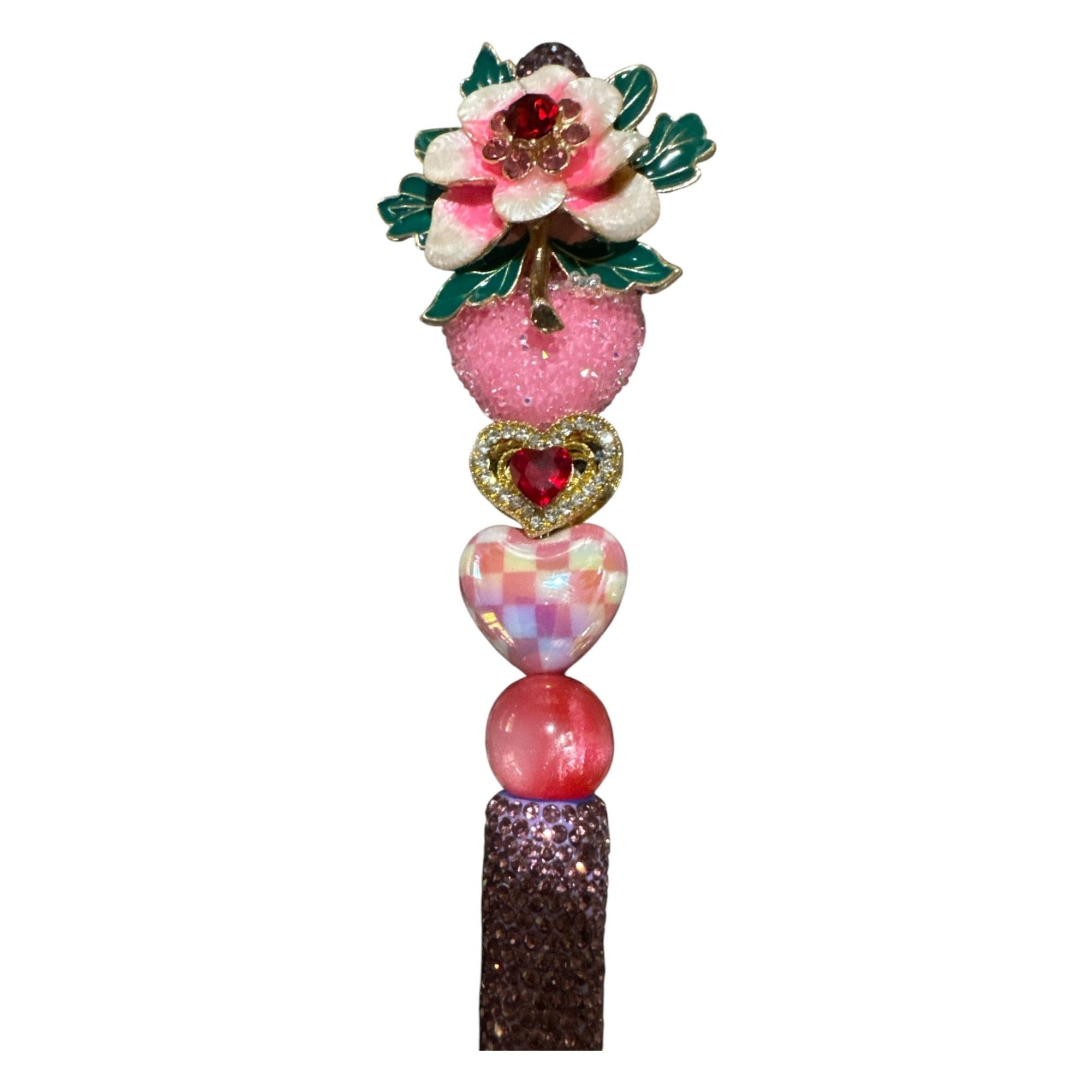 Floral Enamel Decorative Ballpoint Pen With Glitter Handle & Heart Accents Pink & Green Design