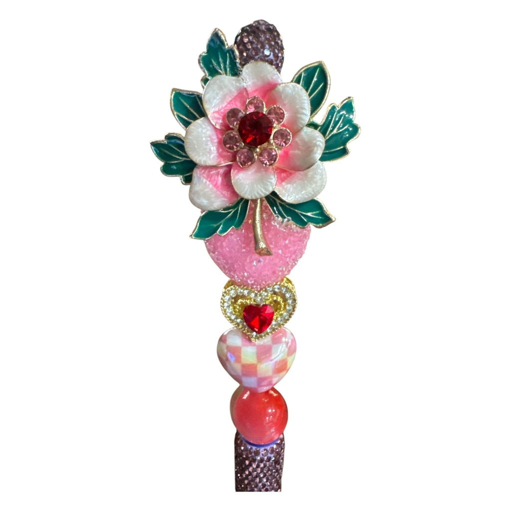 Floral Enamel Decorative Ballpoint Pen With Glitter Handle & Heart Accents Pink & Green Design