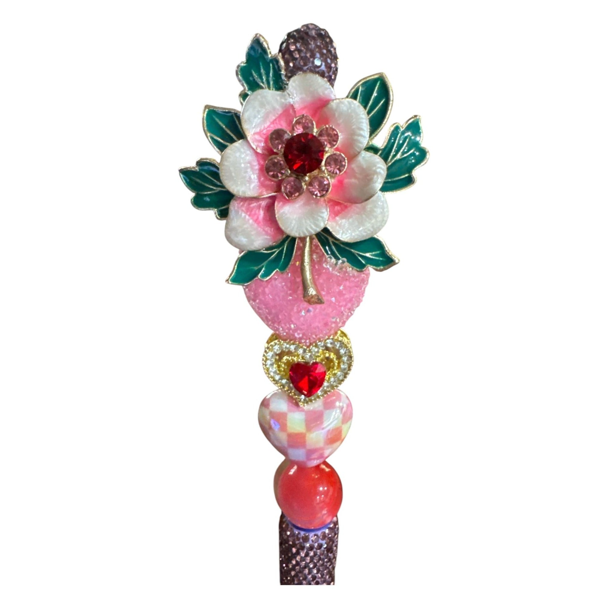 Floral Enamel Decorative Ballpoint Pen With Glitter Handle & Heart Accents Pink & Green Design