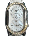POV Womens White Leather Strap Watch With Dual Time Mother-Of-Pearl Dial & Rhinestone Bezel