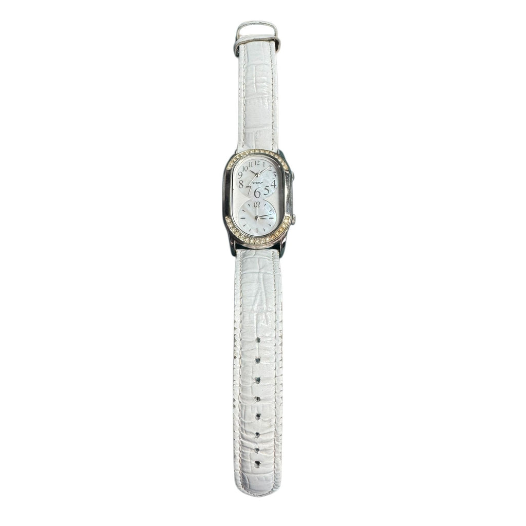 POV Womens White Leather Strap Watch With Dual Time Mother-Of-Pearl Dial & Rhinestone Bezel