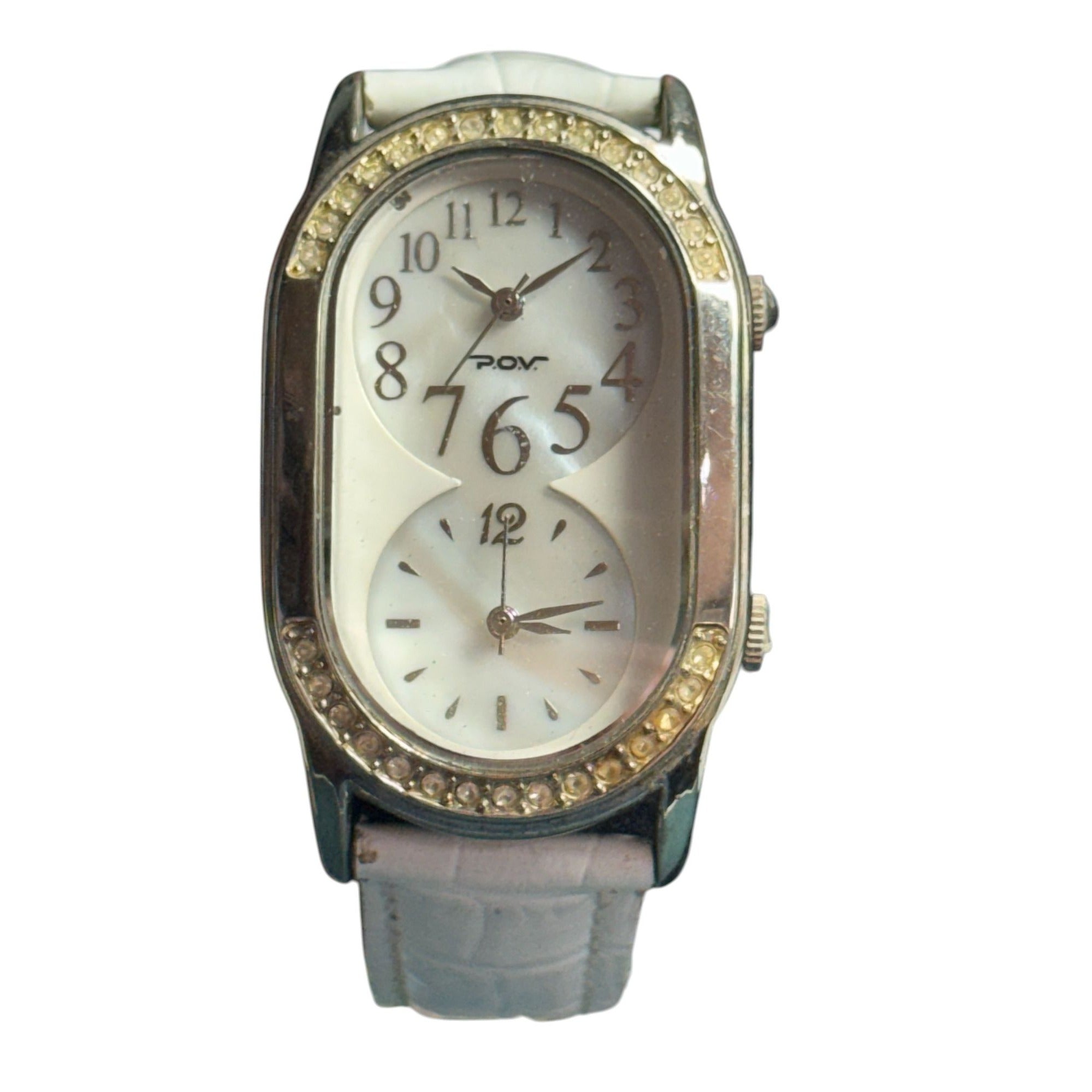 POV Womens White Leather Strap Watch With Dual Time Mother-Of-Pearl Dial & Rhinestone Bezel