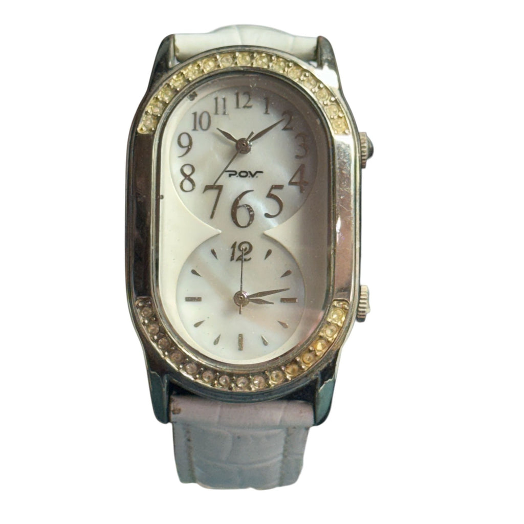 POV Womens White Leather Strap Watch With Dual Time Mother-Of-Pearl Dial & Rhinestone Bezel