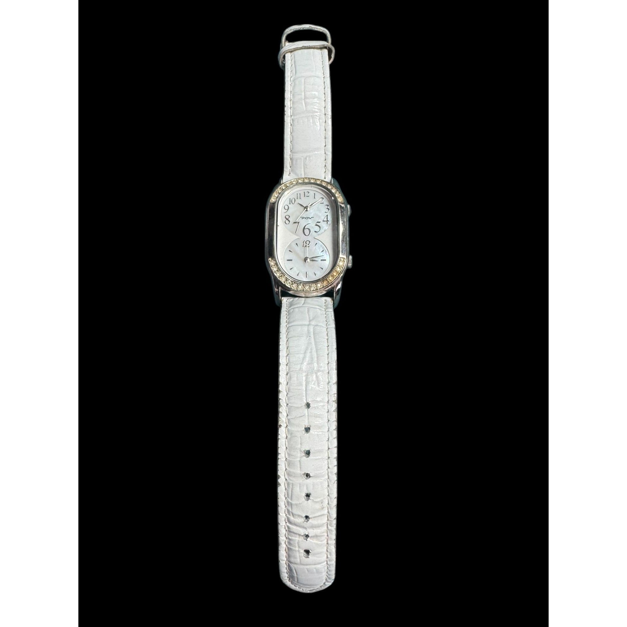 POV Womens White Leather Strap Watch With Dual Time Mother-Of-Pearl Dial & Rhinestone Bezel
