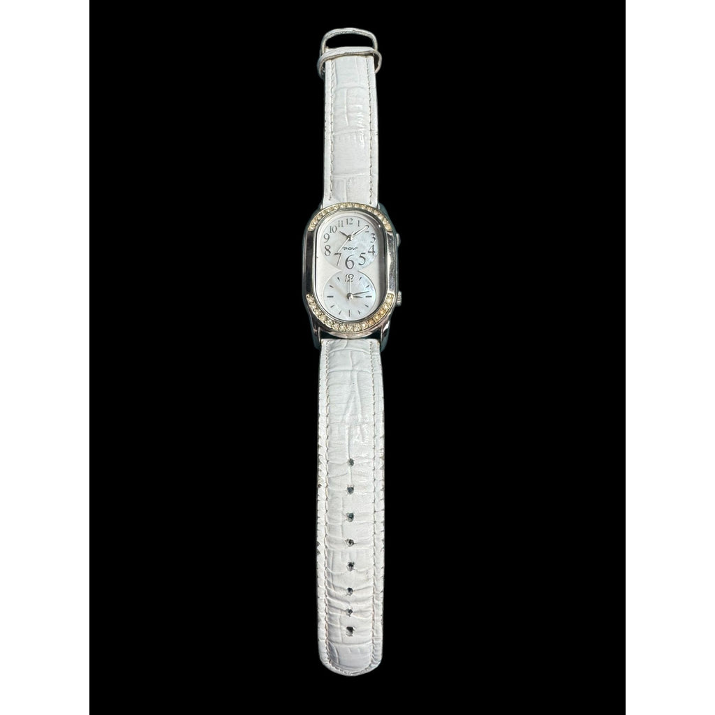 POV Womens White Leather Strap Watch With Dual Time Mother-Of-Pearl Dial & Rhinestone Bezel