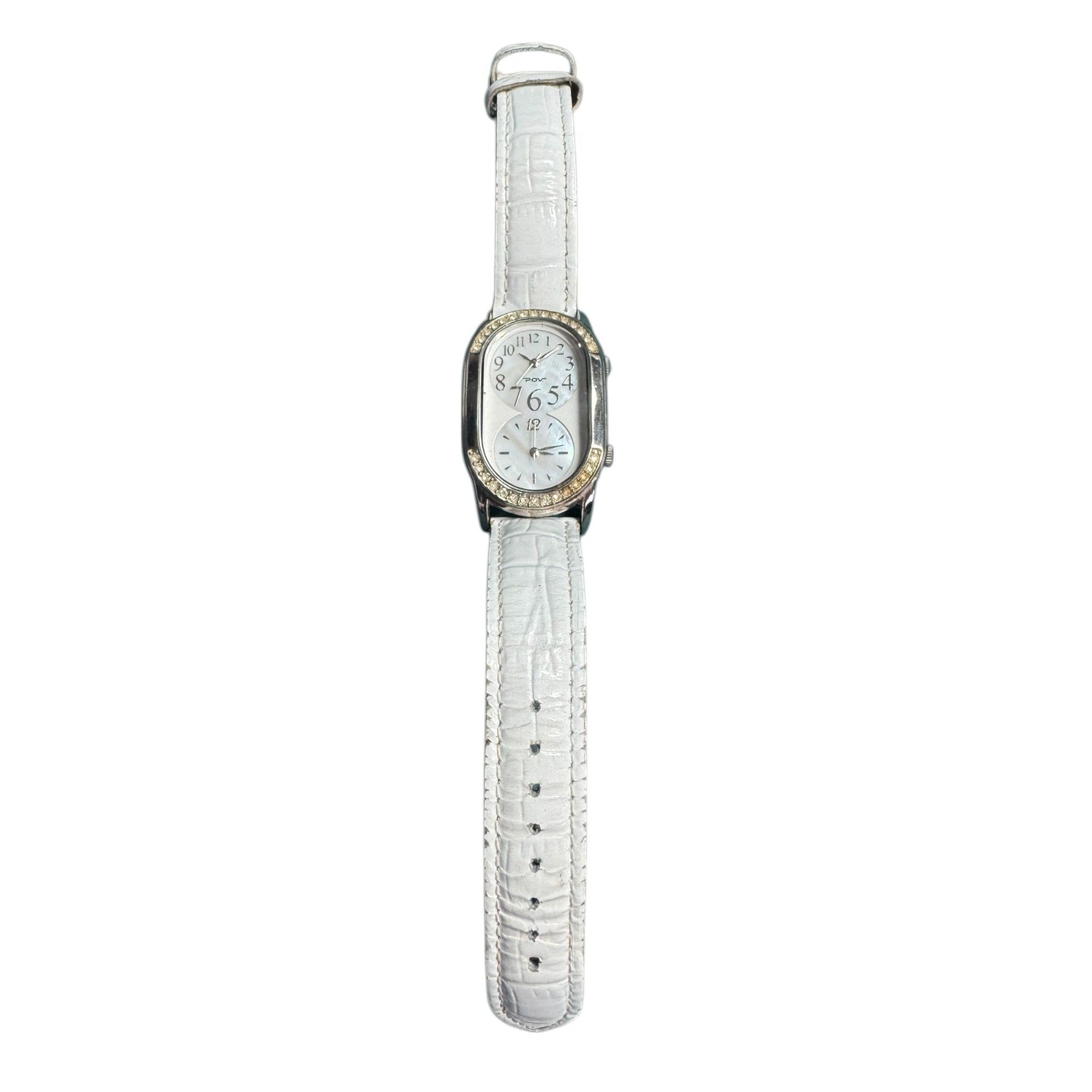 POV Womens White Leather Strap Watch With Dual Time Mother-Of-Pearl Dial & Rhinestone Bezel