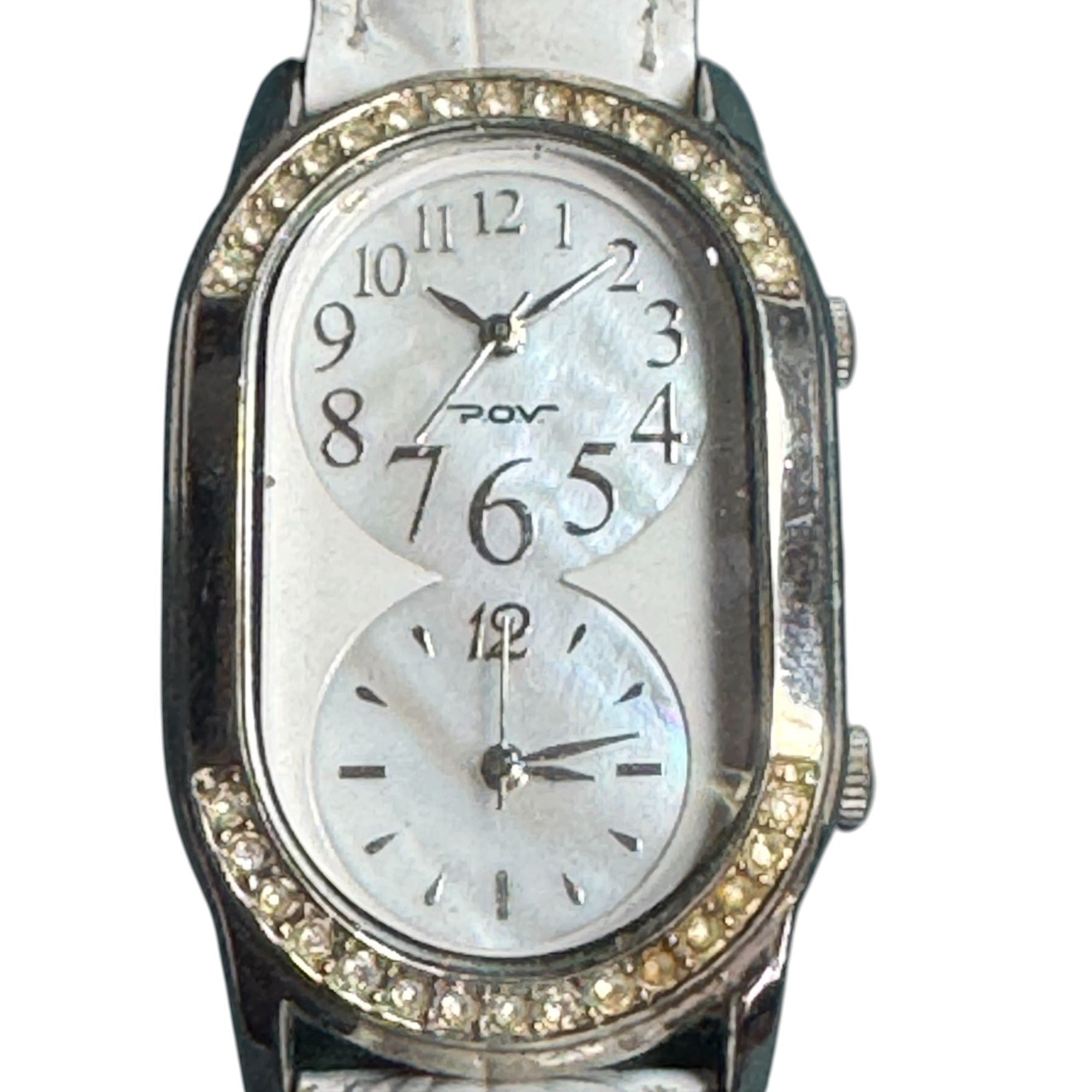 POV Womens White Leather Strap Watch With Dual Time Mother-Of-Pearl Dial & Rhinestone Bezel