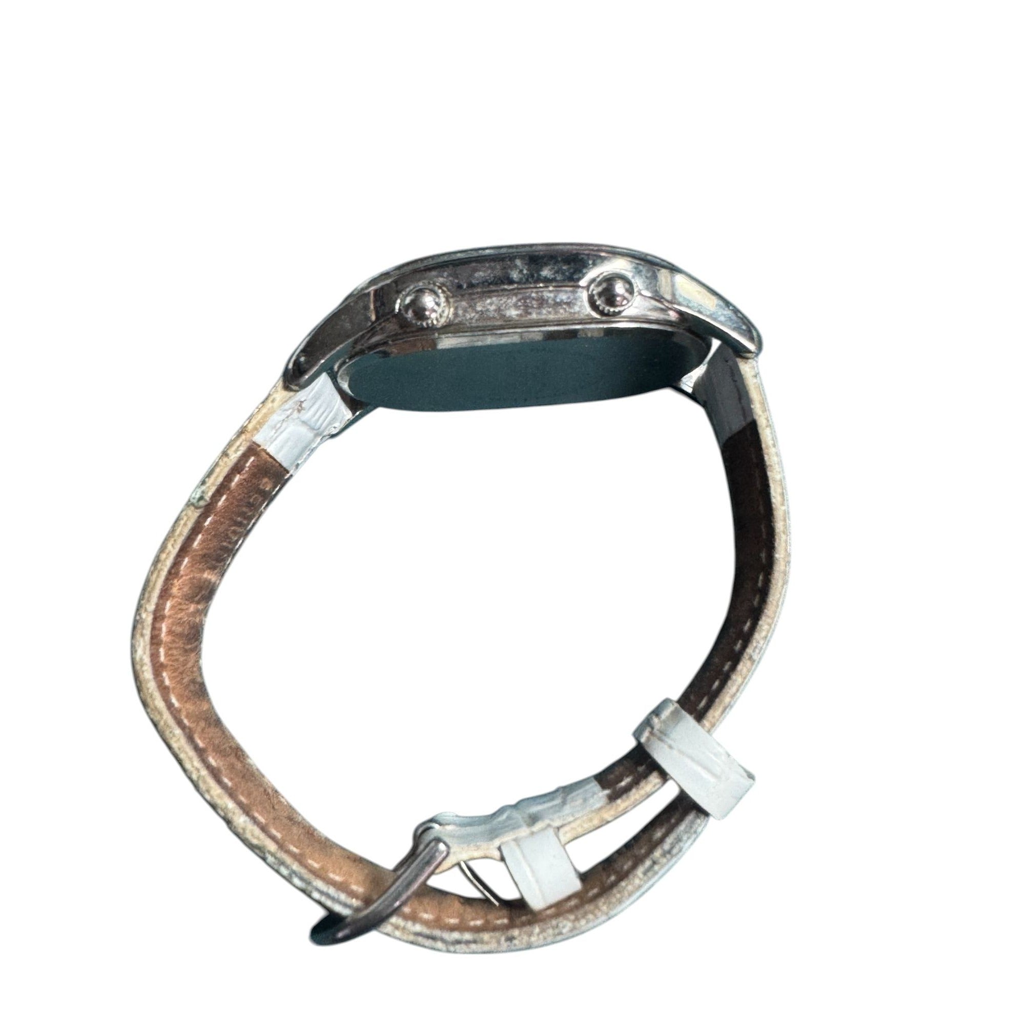 POV Womens White Leather Strap Watch With Dual Time Mother-Of-Pearl Dial & Rhinestone Bezel