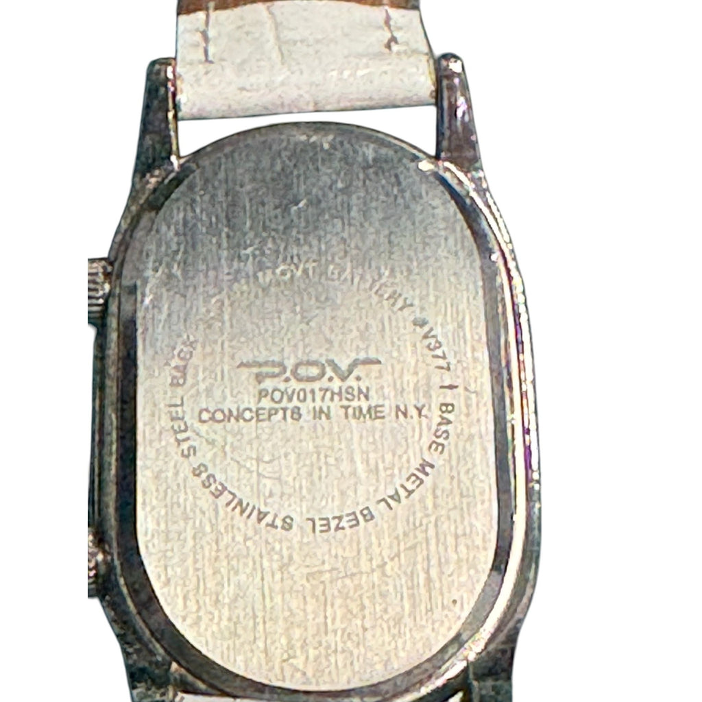 POV Womens White Leather Strap Watch With Dual Time Mother-Of-Pearl Dial & Rhinestone Bezel