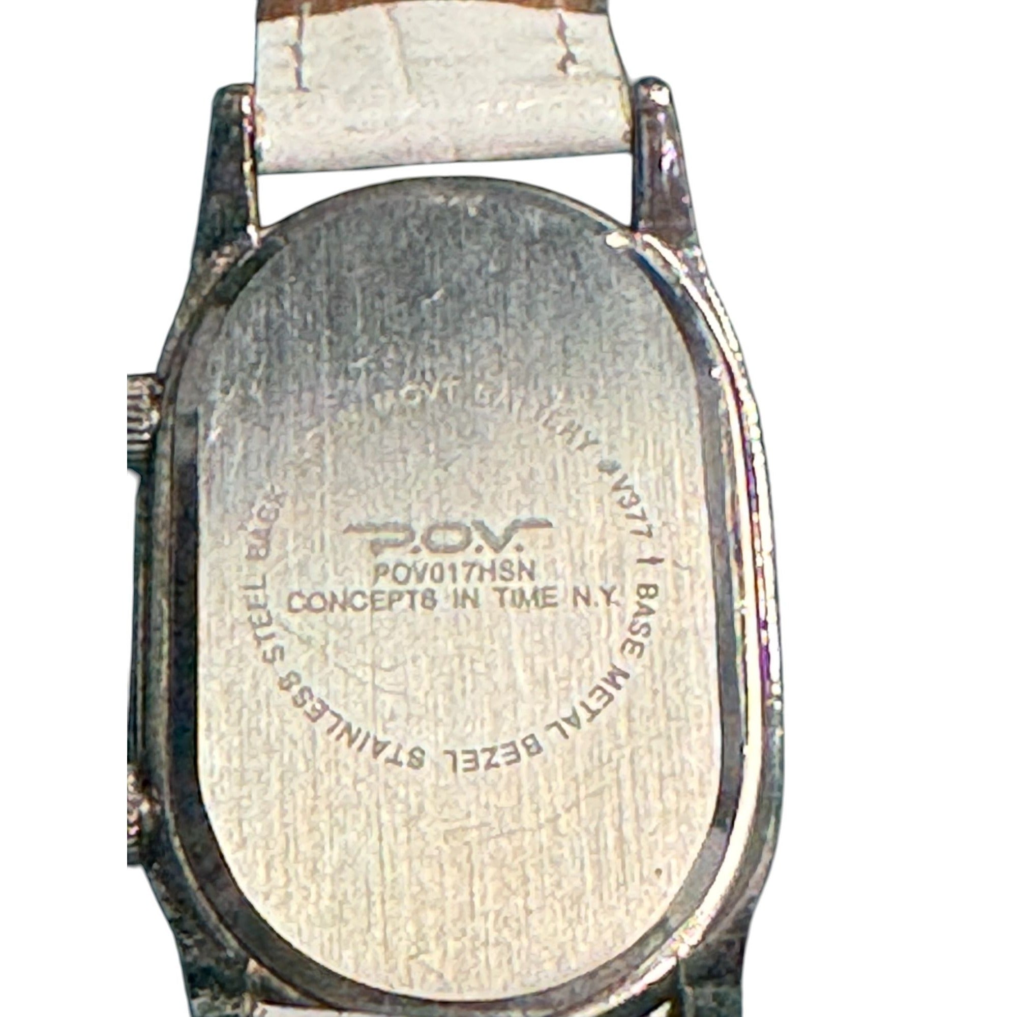POV Womens White Leather Strap Watch With Dual Time Mother-Of-Pearl Dial & Rhinestone Bezel