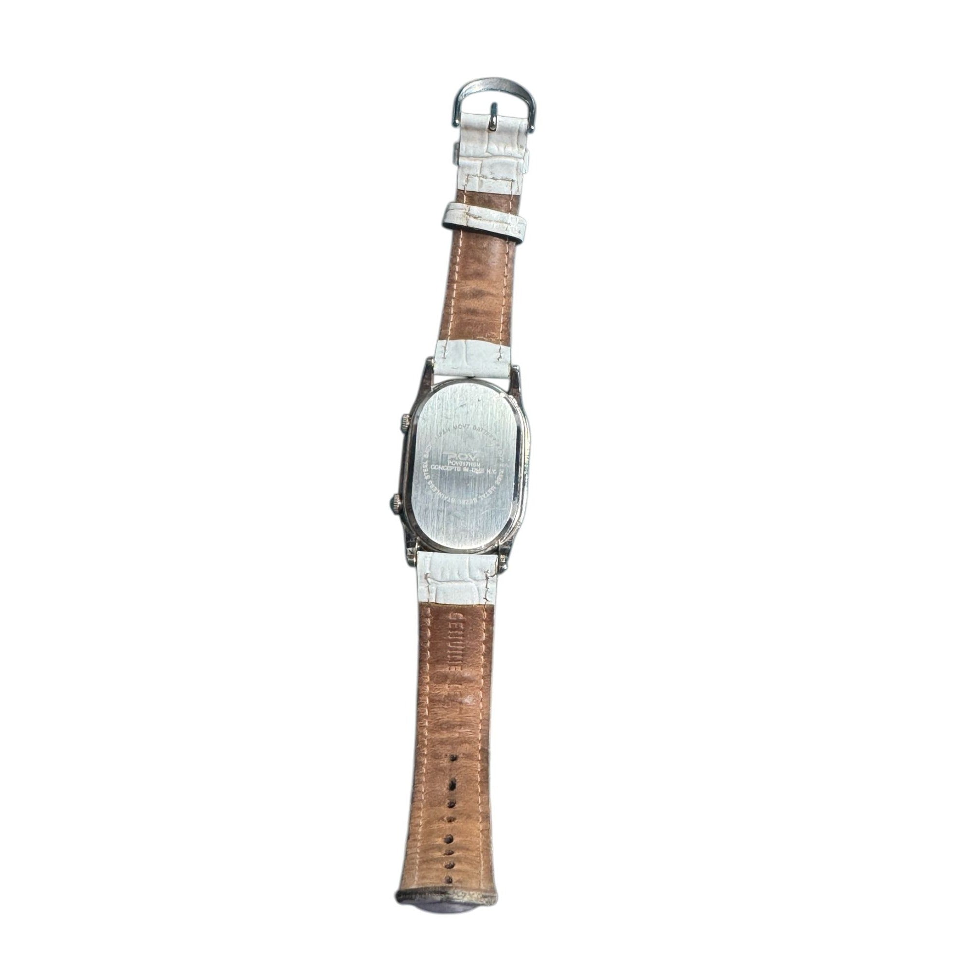 POV Womens White Leather Strap Watch With Dual Time Mother-Of-Pearl Dial & Rhinestone Bezel