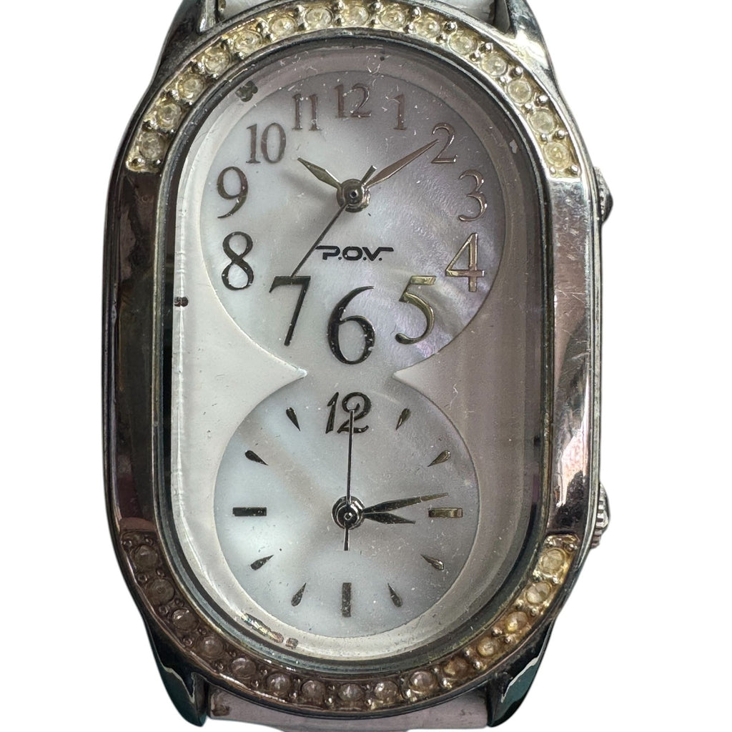 POV Womens White Leather Strap Watch With Dual Time Mother-Of-Pearl Dial & Rhinestone Bezel