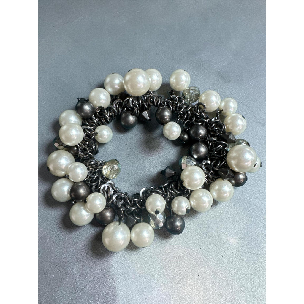 Chunky Faux Pearl & Bead Charm Bracelet Black Chain Stretch Adjustable Size
