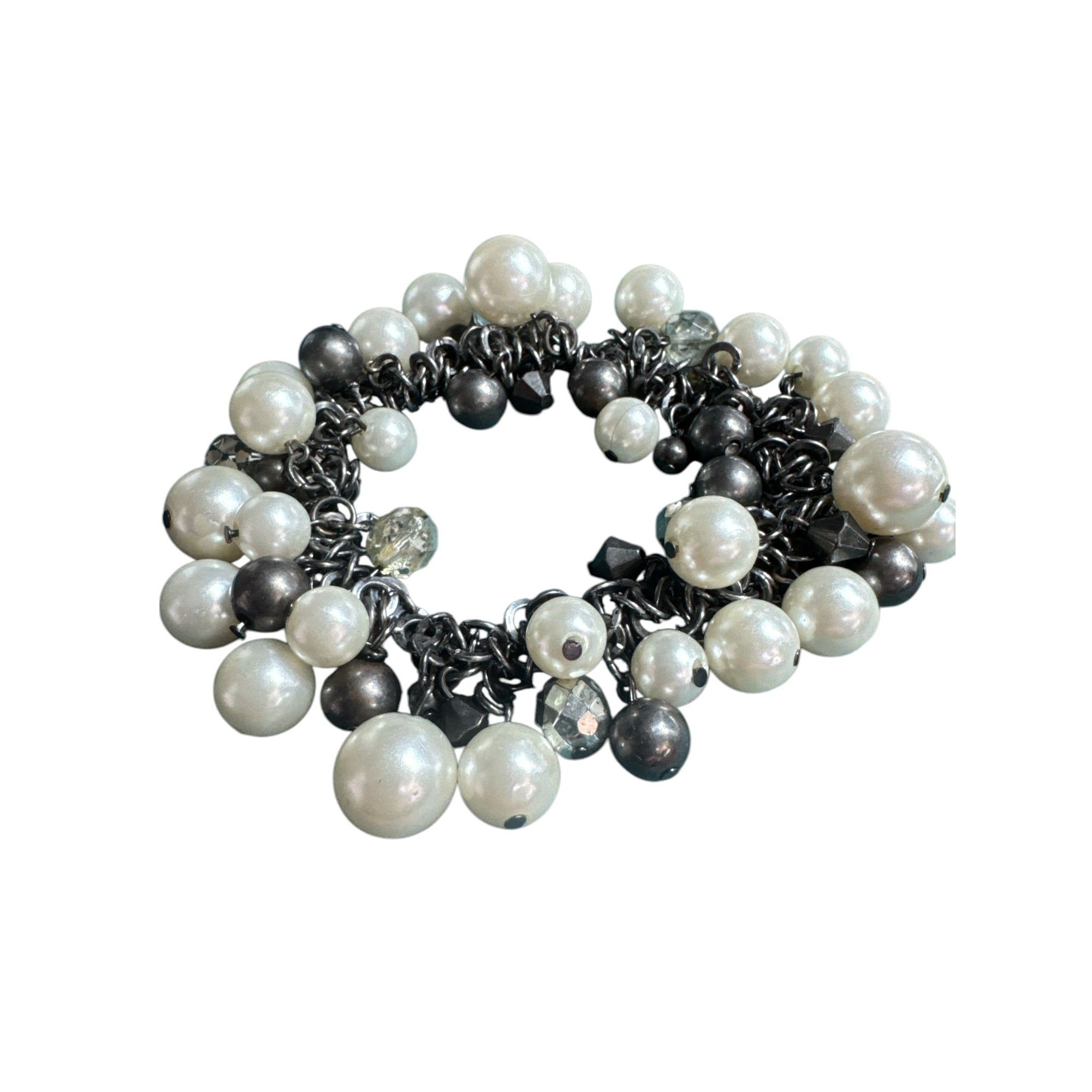 Chunky Faux Pearl & Bead Charm Bracelet Black Chain Stretch Adjustable Size