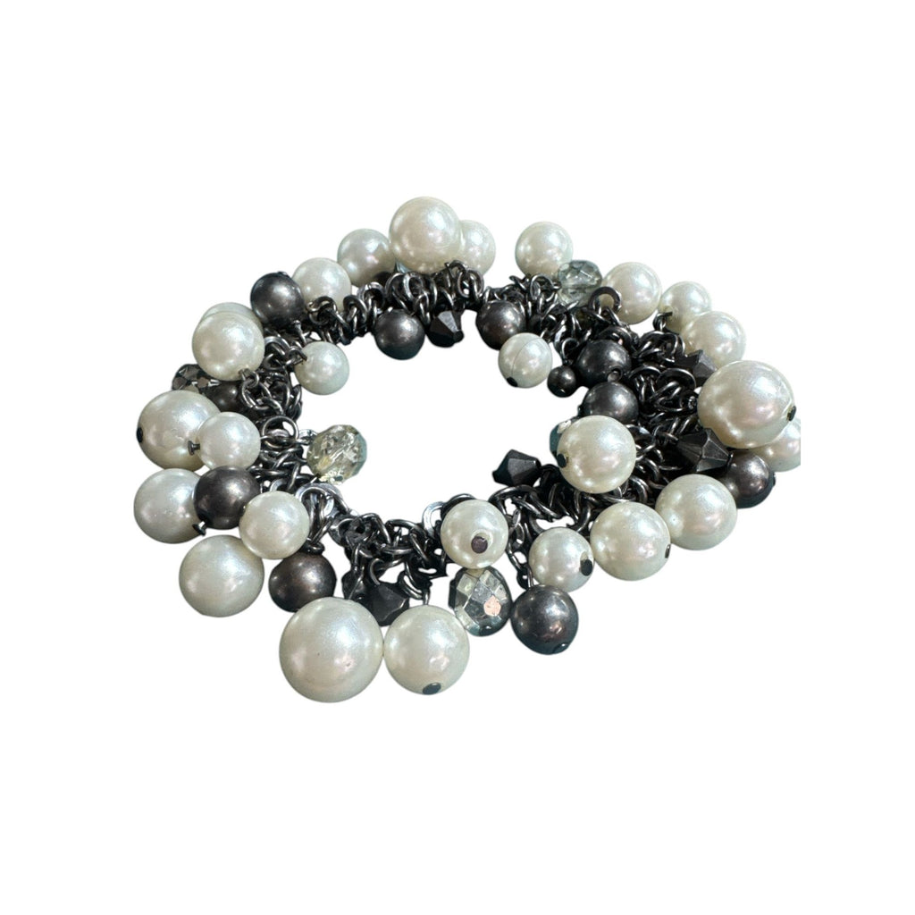 Chunky Faux Pearl & Bead Charm Bracelet Black Chain Stretch Adjustable Size