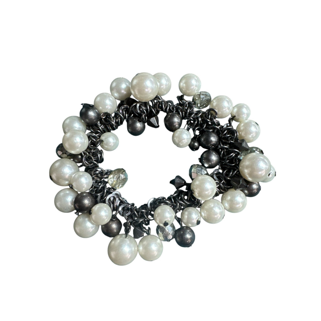 Chunky Faux Pearl & Bead Charm Bracelet Black Chain Stretch Adjustable Size