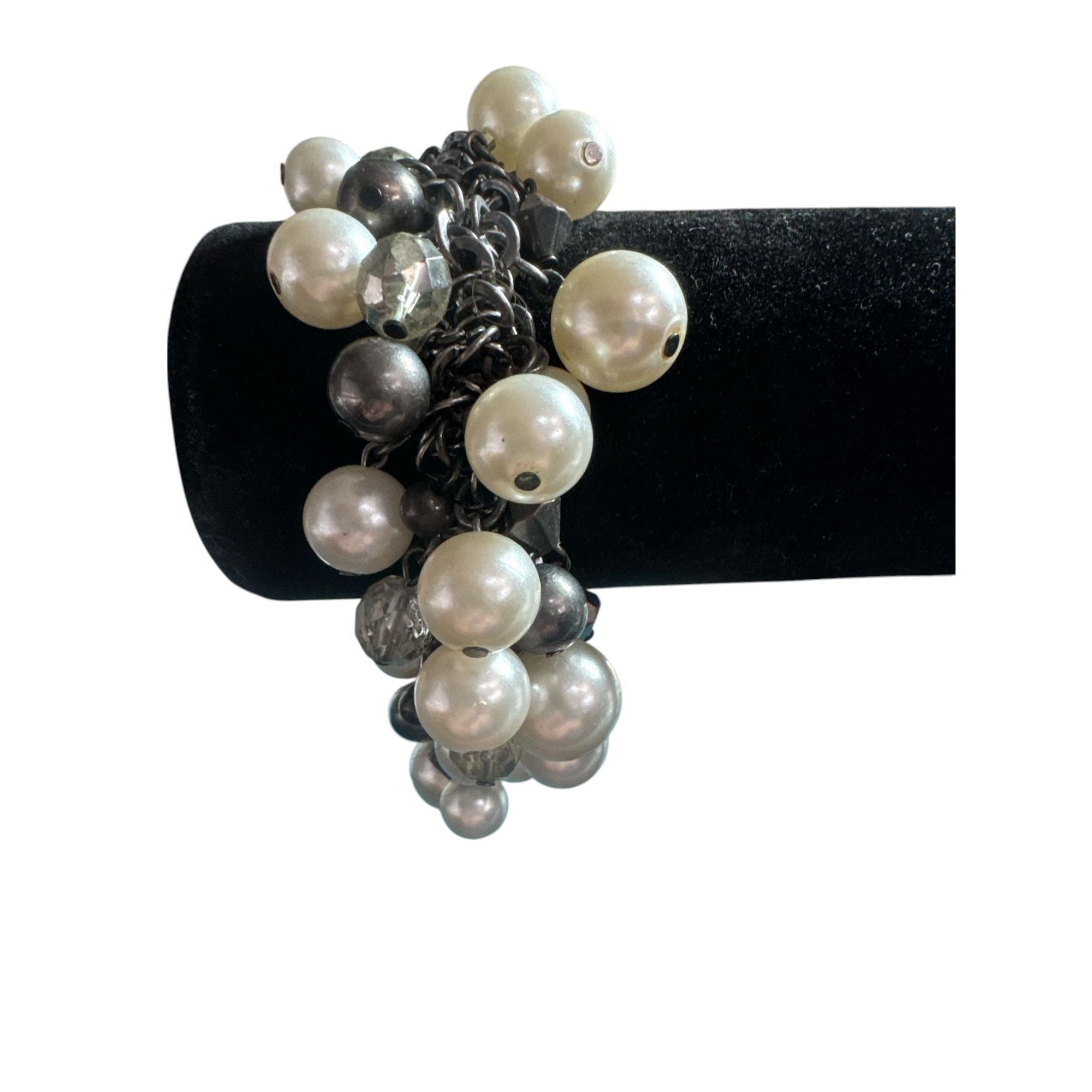 Chunky Faux Pearl & Bead Charm Bracelet Black Chain Stretch Adjustable Size