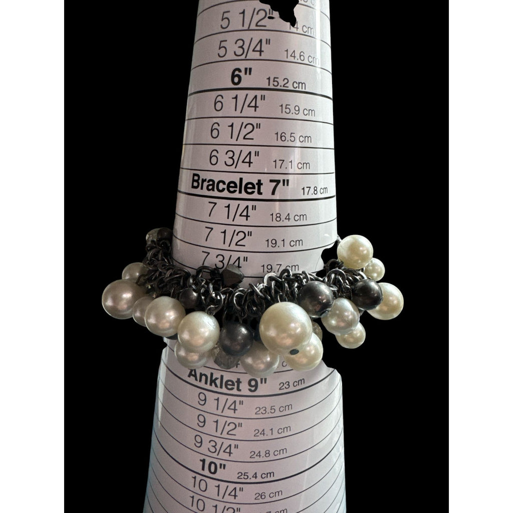 Chunky Faux Pearl & Bead Charm Bracelet Black Chain Stretch Adjustable Size