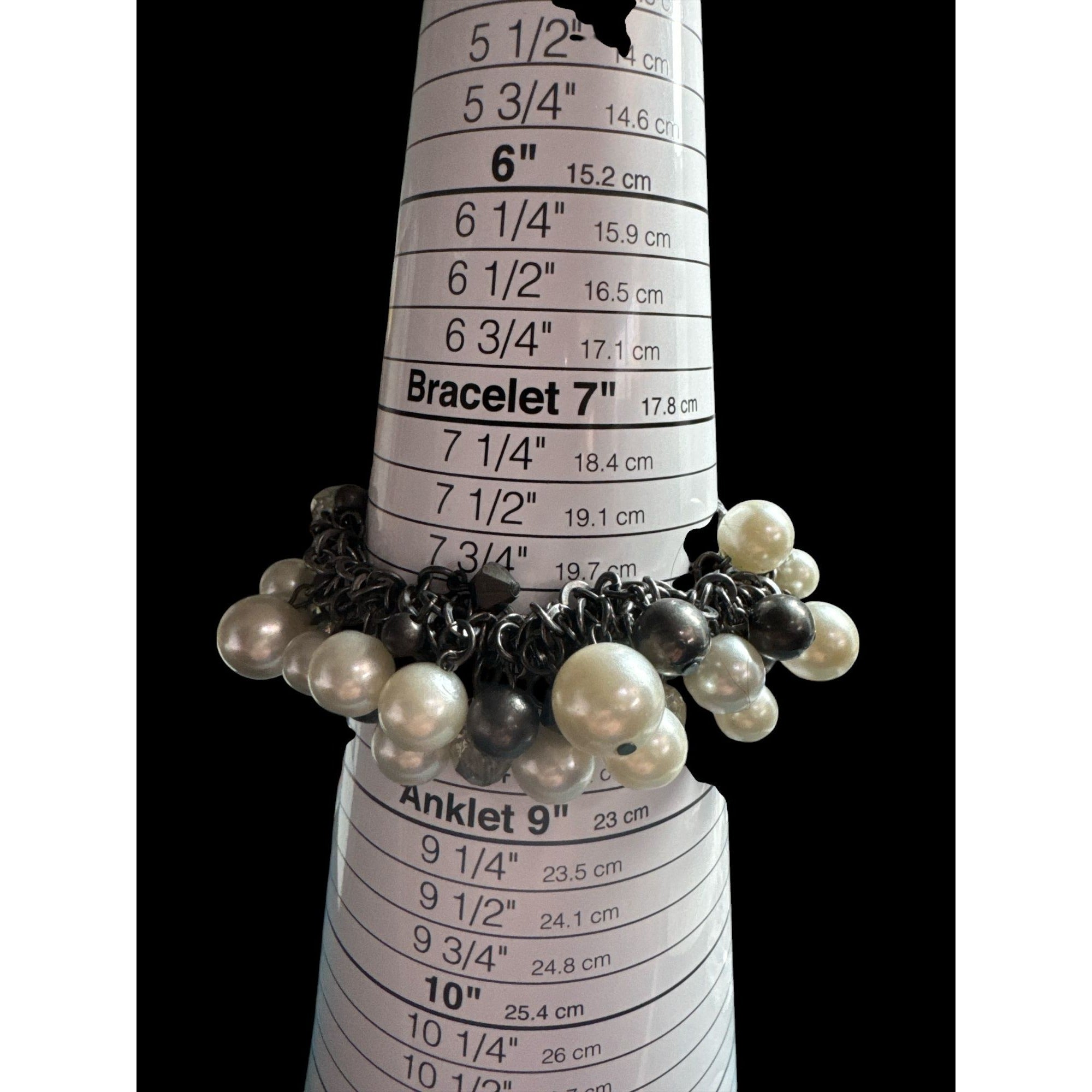 Chunky Faux Pearl & Bead Charm Bracelet Black Chain Stretch Adjustable Size