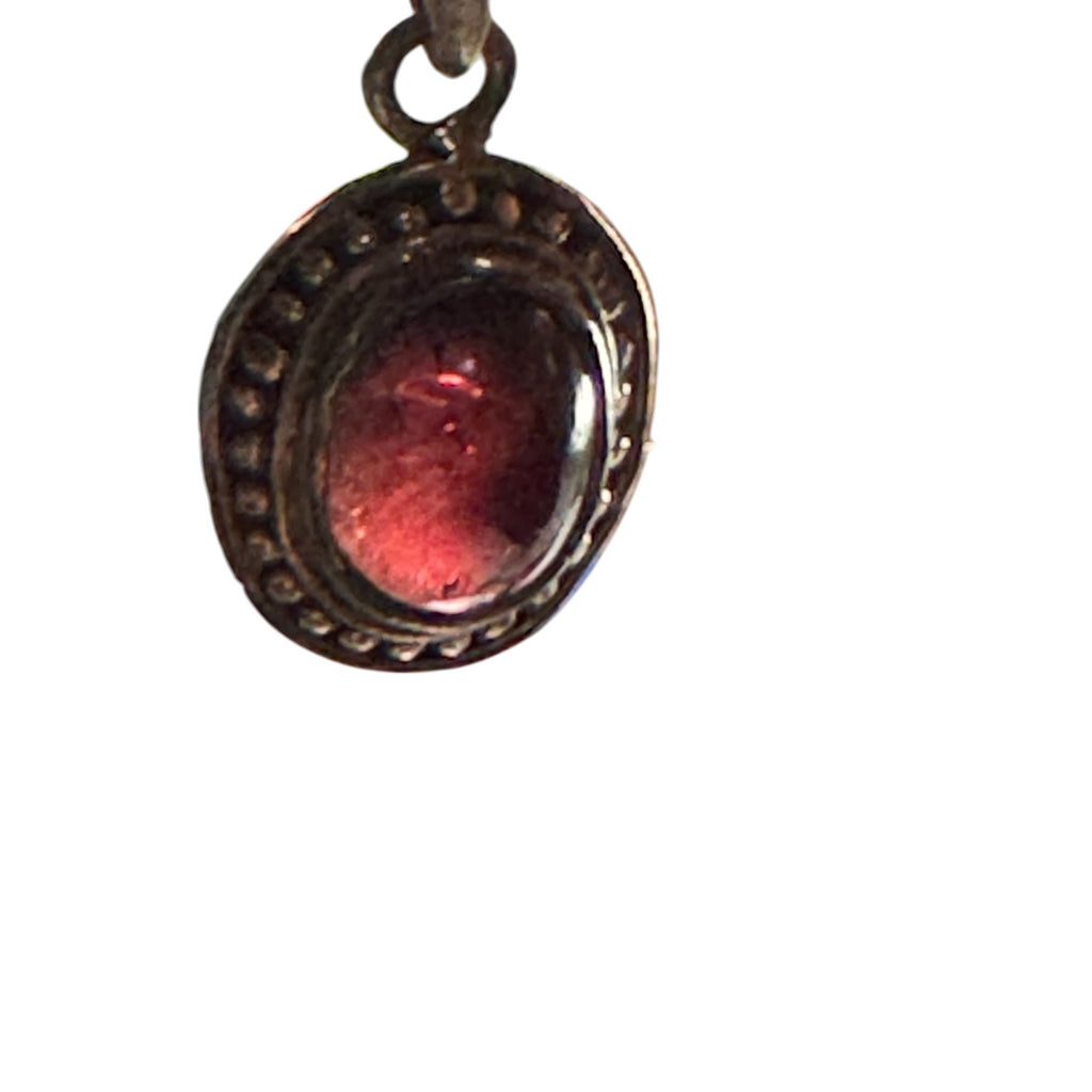 Sterling Silver 925 Garnet Pendant Small Round Cabochon Red Stone Beaded Border Vintage Style