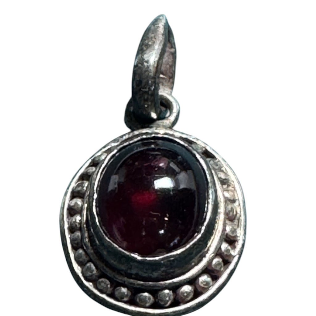 Sterling Silver 925 Garnet Pendant Small Round Cabochon Red Stone Beaded Border Vintage Style