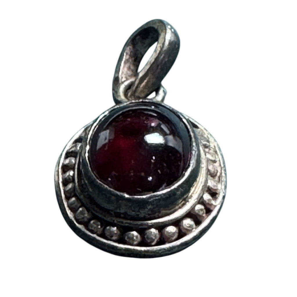 Sterling Silver 925 Garnet Pendant Small Round Cabochon Red Stone Beaded Border Vintage Style