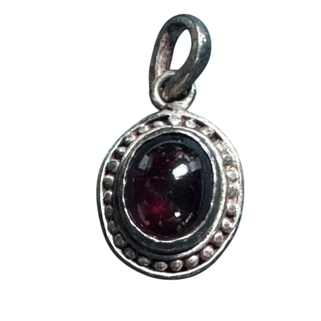 Sterling Silver 925 Garnet Pendant Small Round Cabochon Red Stone Beaded Border Vintage Style