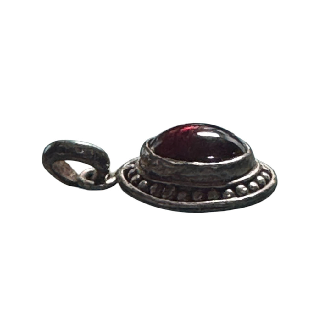 Sterling Silver 925 Garnet Pendant Small Round Cabochon Red Stone Beaded Border Vintage Style