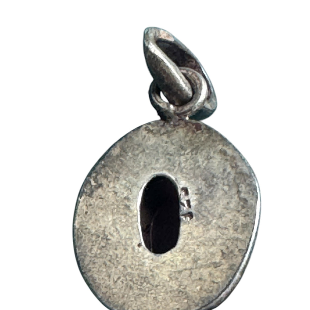 Sterling Silver 925 Garnet Pendant Small Round Cabochon Red Stone Beaded Border Vintage Style