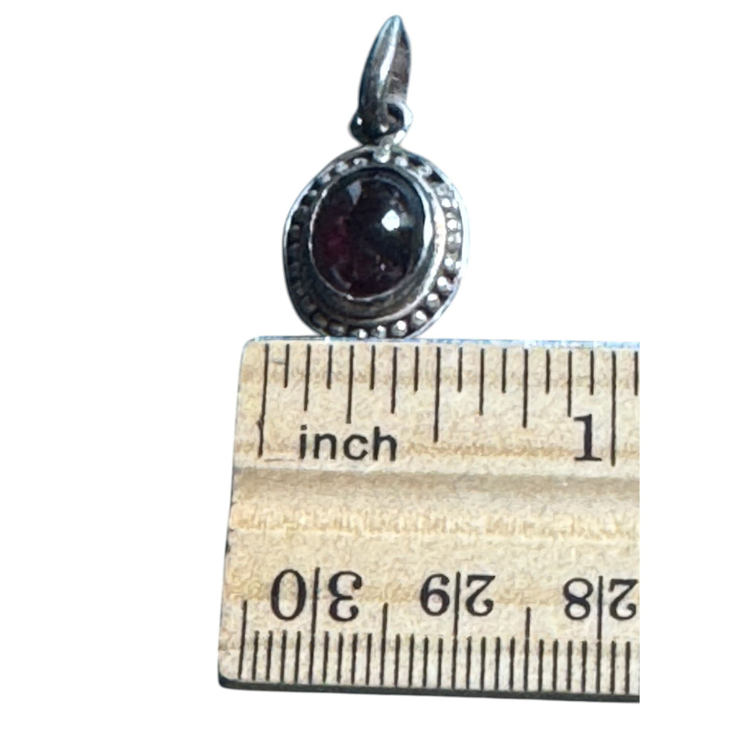 Sterling Silver 925 Garnet Pendant Small Round Cabochon Red Stone Beaded Border Vintage Style
