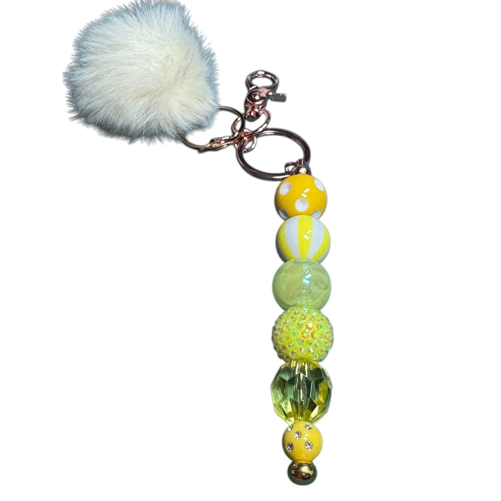 Yellow & Green Beaded Keychain With Faux Fur Pom-Pom And Rose Gold Hardware