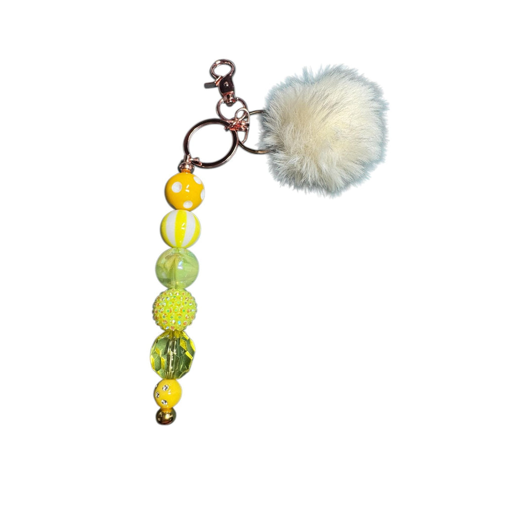 Yellow & Green Beaded Keychain With Faux Fur Pom-Pom And Rose Gold Hardware