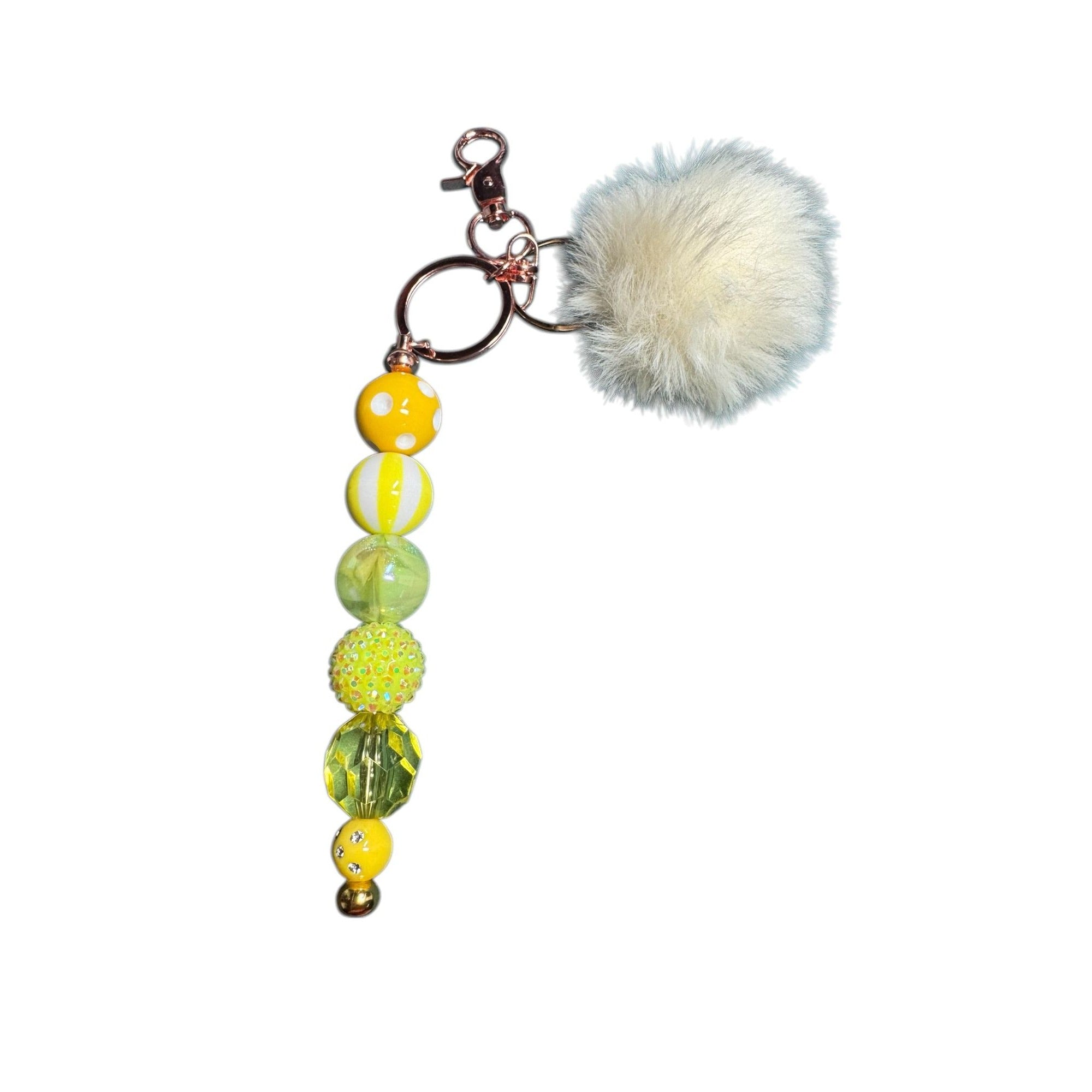 Yellow & Green Beaded Keychain With Faux Fur Pom-Pom And Rose Gold Hardware