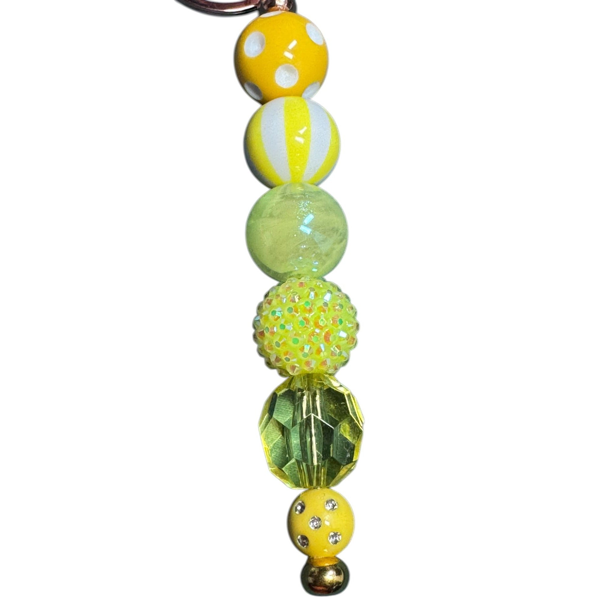 Yellow & Green Beaded Keychain With Faux Fur Pom-Pom And Rose Gold Hardware