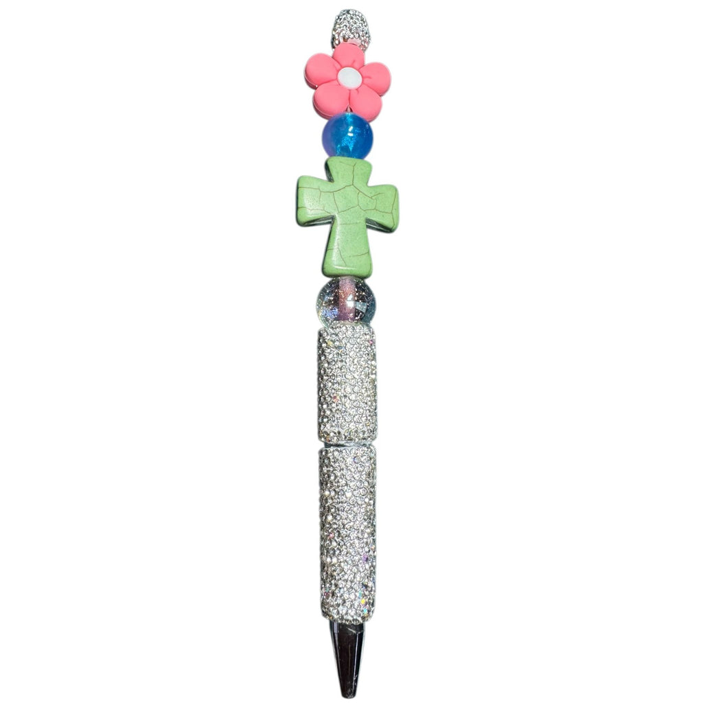 Beaded Rhinestone Pen With Green Cross Pink Flower & Glitter Accents