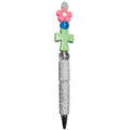 Beaded Rhinestone Pen With Green Cross Pink Flower & Glitter Accents