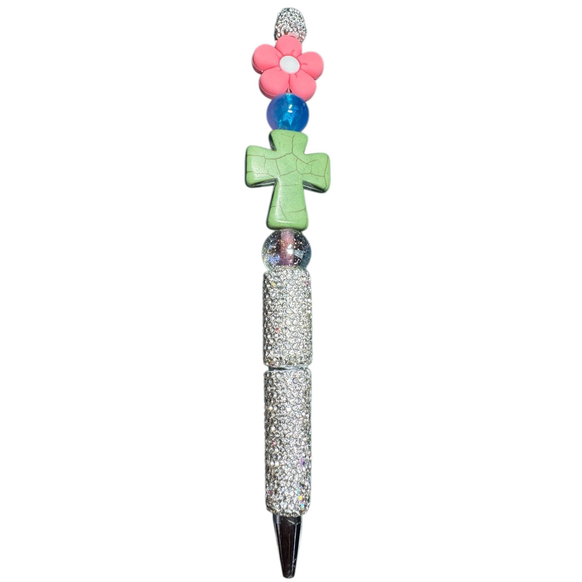 Beaded Rhinestone Pen With Green Cross Pink Flower & Glitter Accents