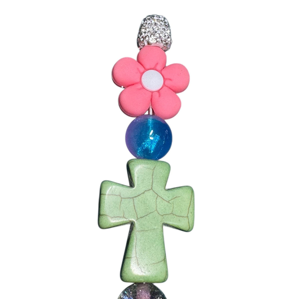 Beaded Rhinestone Pen With Green Cross Pink Flower & Glitter Accents