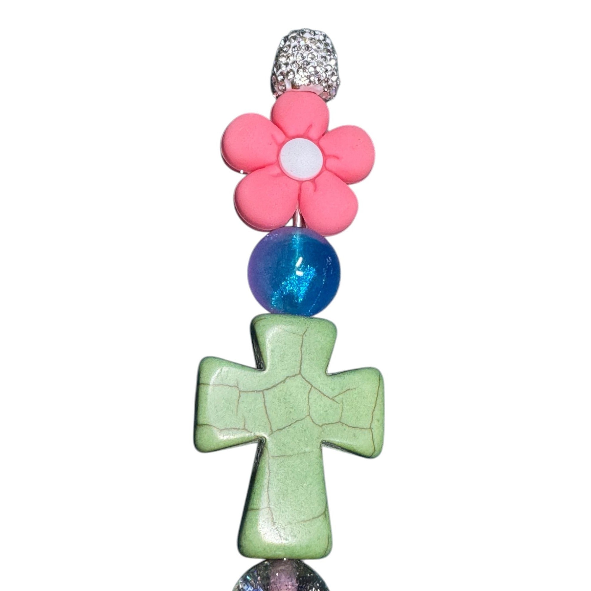 Beaded Rhinestone Pen With Green Cross Pink Flower & Glitter Accents