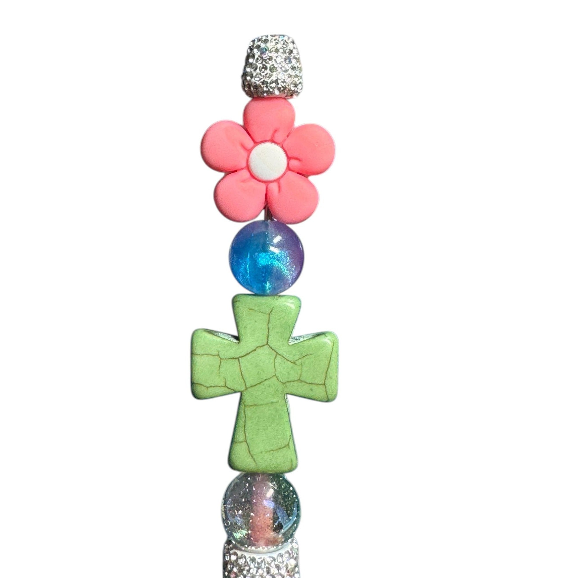 Beaded Rhinestone Pen With Green Cross Pink Flower & Glitter Accents