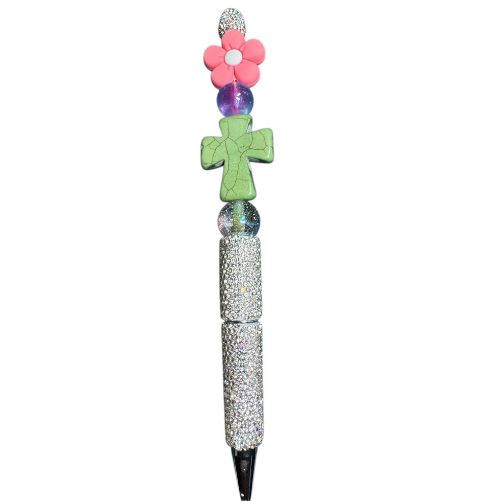 Beaded Rhinestone Pen With Green Cross Pink Flower & Glitter Accents