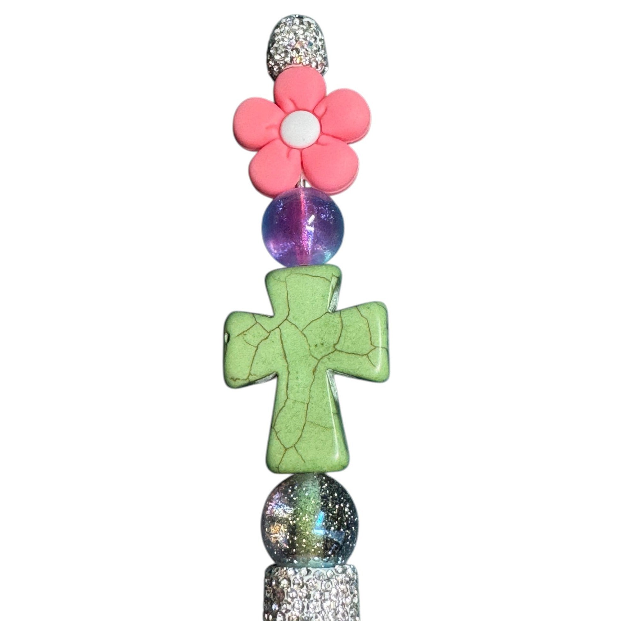 Beaded Rhinestone Pen With Green Cross Pink Flower & Glitter Accents