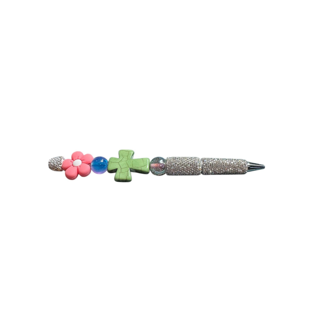 Beaded Rhinestone Pen With Green Cross Pink Flower & Glitter Accents