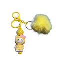 Labubu Yellow Pom Pom Keychain With Cute Cat Figurine & Rhinestone Bead Accent